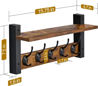 Eruule Coat Hooks Wall Mount With Shelf - 16 Inch Coat Rack Wall Mount With 5 Heavy Duty Hooks - Floating W