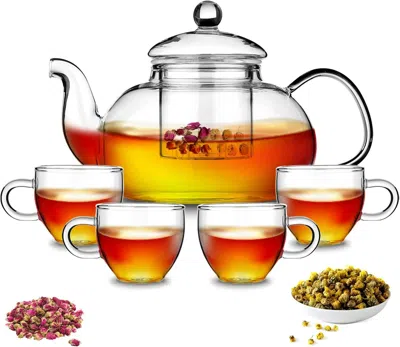 Eruule Glass Tea Pot With 4 Tea Cups, Removable Infuser, Blooming And Loose Leaf Tea Maker And Teacups Set,