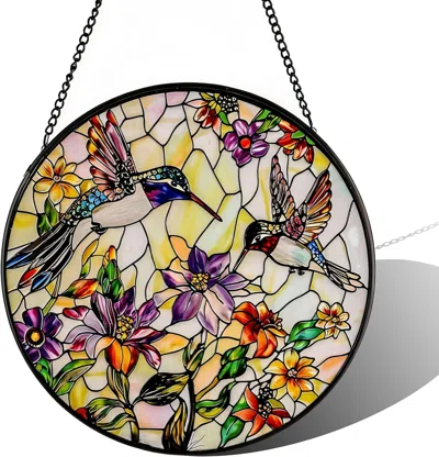Eruule Hummingbird Sun Catcher Stained Glass Window Hanging Wildflower And Bird Suncatchers For Windows Sta