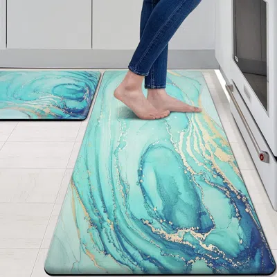 Eruule Kitchen Rugs And Mats Set Of 2 Teal Marble Gold Anti Fatigue Mat Pvc Non Slip Turquoise Foam Cushion