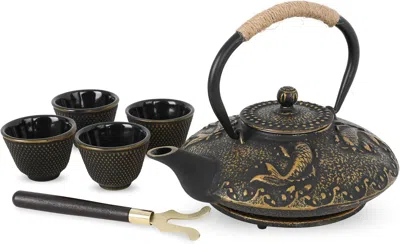 Eruule Koi Fish Cast Iron Teapot Set Stove Top Tea Kettle With 4 Cups Japanese Style Tea Gift Set, 26 oz Wi