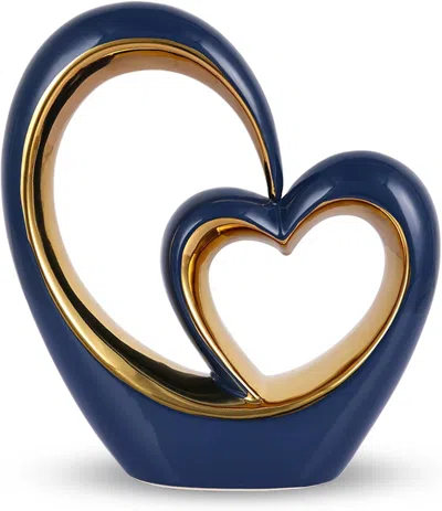 Eruule Porcelain Double Heart Decor,blue And Gold Sculpture Home Decor For Living Room Entryway Coffee Dini