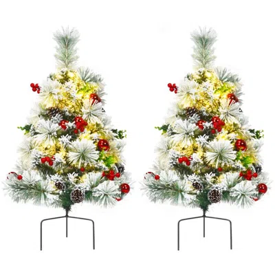 Eruule Set Of 2 Outdoor 24 Inch Battery Powered Pre-lit Pathway Flocked Christmas Trees