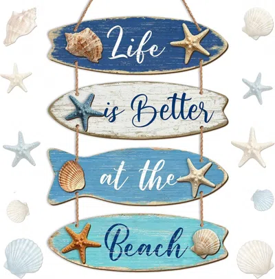 Eruule Summer Beach Wooden Wall Decor Farmhouse Coastal Bathroom Wall Art Room Decor Blue Nautical Wooden H