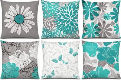Eruule Teal Grey Pillow Covers 18x18 Set Of 6 Decorative Daisy Flower Throw Pillow Cover For Couch Modern T