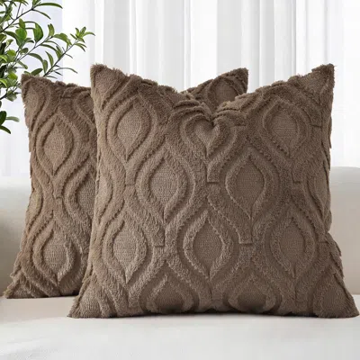 Eruule Throw Pillow Covers 18x18 Inch Set Of 2, Soft Plush Faux Wool Brown Solid Couch Pillow Covers, Accen