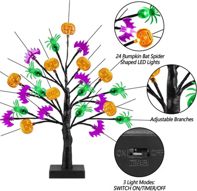 Eruule [timer] Halloween Decor 18 Inch Black Halloween Tree With 24 Led Pumpkin Bat Spider Light, Usb/batte