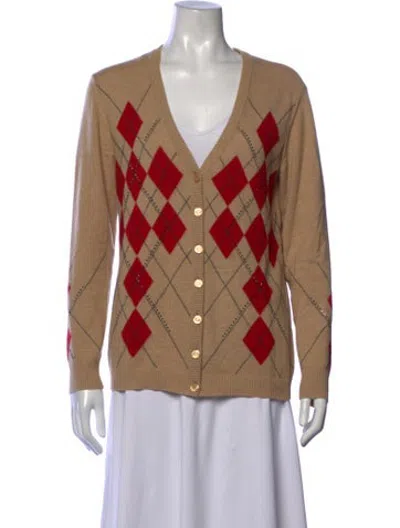 Pre-owned Escada Plaid Print V-neck Sweater In Neutrals/red