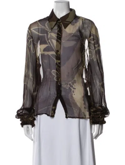 Pre-owned Escada Silk Floral Print Blouse In Brown