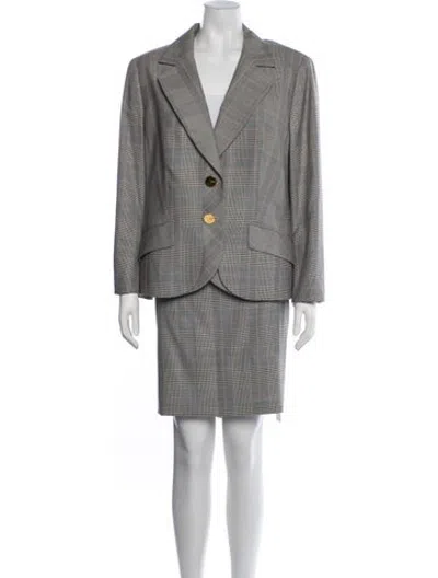 Pre-owned Escada Wool Plaid Print Skirt Set In Grey