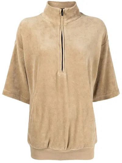 Essentials Velour Mock-neck Half-sleeve Top In Green