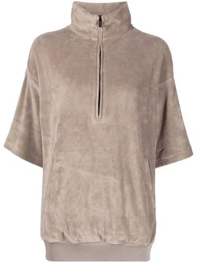 Essentials Velour Mock-neck Half-sleeve Top In Grey