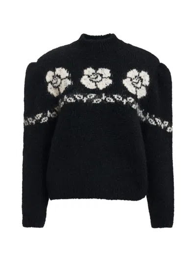 Essentiel Antwerp Kalendar Floral-jacquard Stand-up Collar Sweater In Black