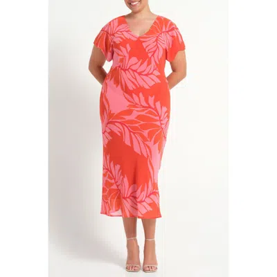 Estelle Leyla Leaf Print Sheath Midi Dress In Pink