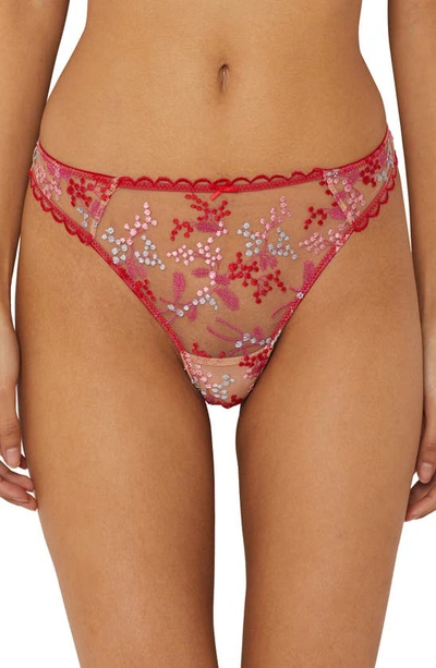 Etam Mimosa Embroidered Tulle Tanga In Red