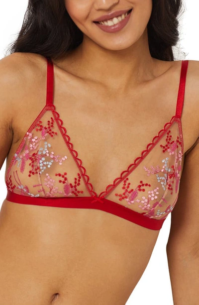 Etam Mimosa Embroidered Tulle Triangle Bralette In Red