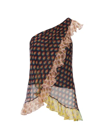 Etro Asymmetric Floral Print Blouse In Brown