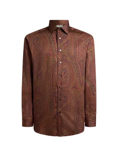 Etro Cotton Sateen Shirt With Arnica Motif In Brown