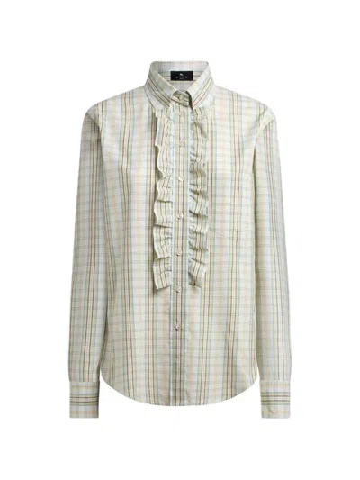 Etro Cotton Shirt With A Bib Front And A Checkered Pattern In White