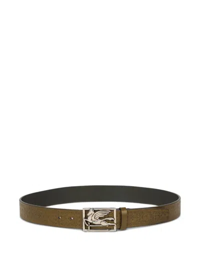 Etro Etched-embellishment Pegaso-buckle Leather Belt In Brown