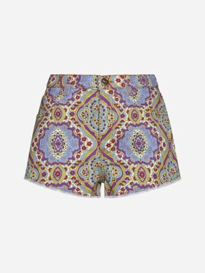 Etro Ethnic Print Denim Shorts In Light Blue,multicolor