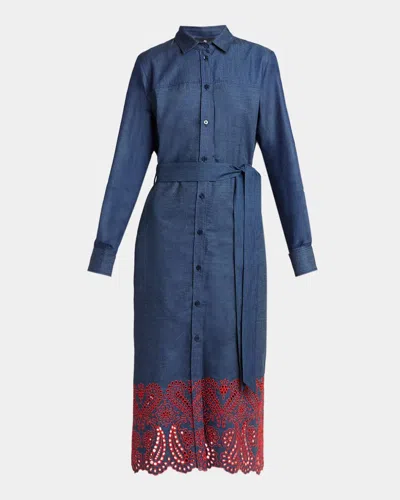 Etro Eyelet Embroidered Chambray Long-sleeve Belted Midi Shirtdress In Blue
