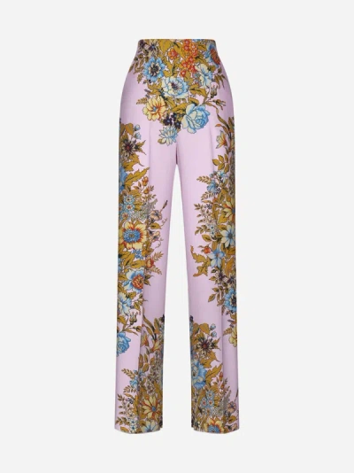 Etro Floral Print Silk Trousers In Lilac,multicolor