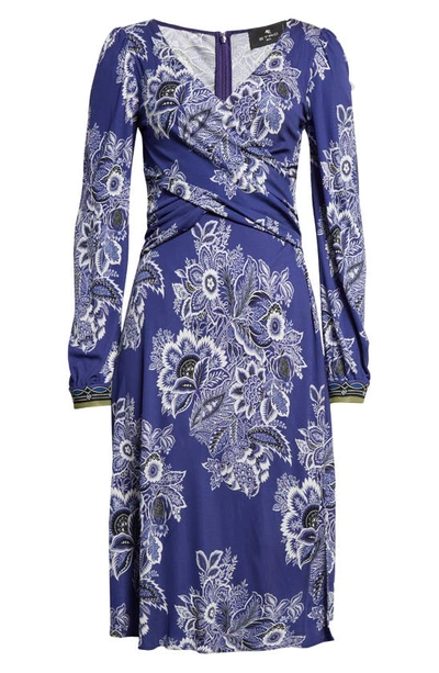 Etro Floral Wrap Bodice Long Sleeve Dress In Print On Blue Base