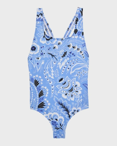 Etro Kids' Girl's Printed One-piece Swimsuit In Blue
