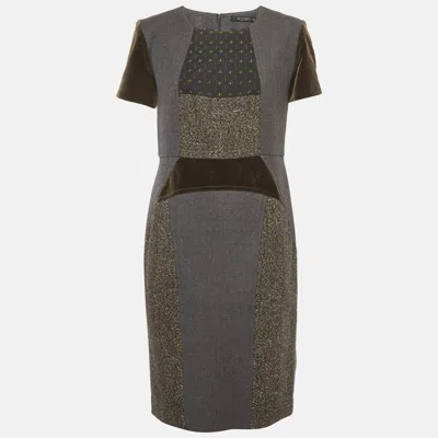 Pre-owned Etro Grey Wool And Velvet Patchwork Shift Mini Dress L In Gray
