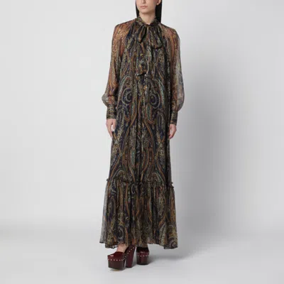 Etro Long Puff-sleeve Paisley Print Dress With Tie-neck Ruffle Hem In Multi