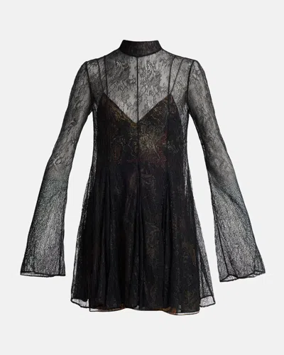 Etro Mock-neck Lace Long-sleeve Mini Dress In Black