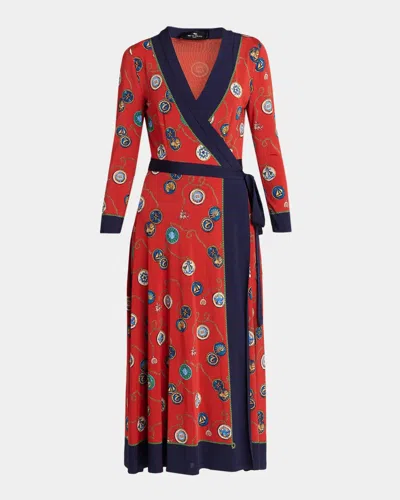 Etro Nautical Print Jersey Long-sleeve Midi Wrap Dress In Brown