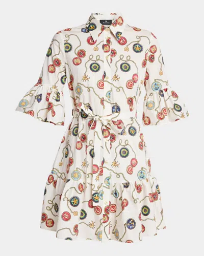 Etro Nautical-print Cotton Poplin Ruffle Mini Shirtdress With Belt In White