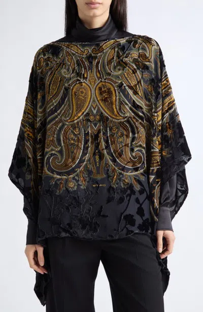 Etro Paisley Devoré Velvet Poncho In Black