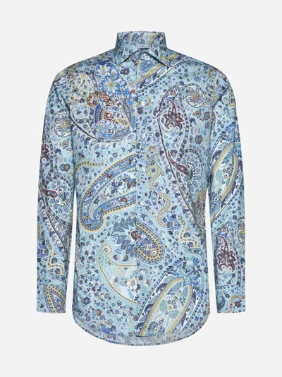 Etro Paisley Print Cotton Shirt In Light Blue,multicolor