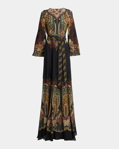 Etro Paisley-print Organza Long-sleeve Belted Maxi Dress In Printed Bl