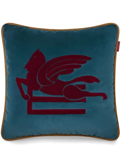 Etro Pegaso-embroidered Velvet Cushion In Blue