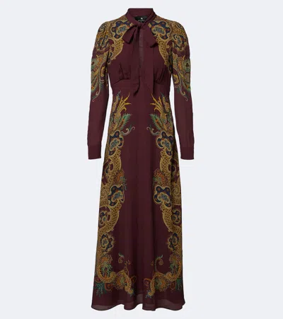 Etro Printed Tie-neck Maxi Dress In Burgundy