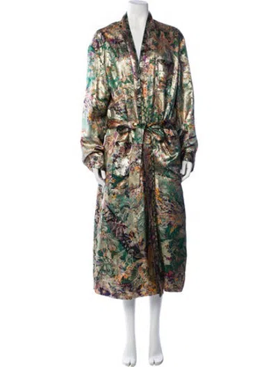 Pre-owned Etro Silk Floral Print Robe In Green/metallic