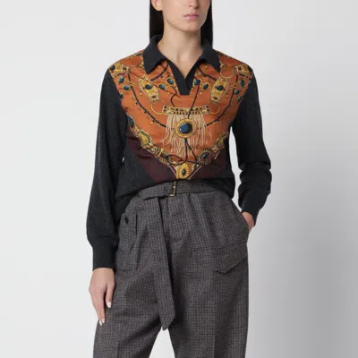 Etro Sweater Made From Soft Mélange Wool And Cashmere Blend Yarn, Featuring Printed Silk Twill Trian In Grey