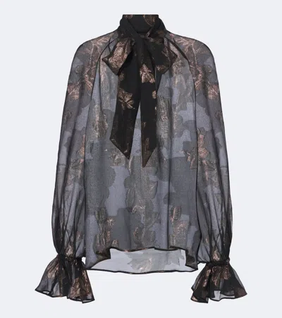 Etro Tie-neck Silk-blend Fil Coupe Blouse In Gray