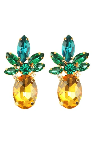 Eye Candy Los Angeles 24k Gold Plated Tropi Crystal Pineapple Earrings In Green