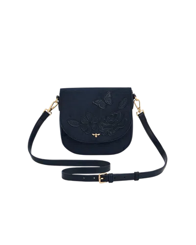 Fable England Beth Floral Applique Faux Suede Saddle Purse In Navy