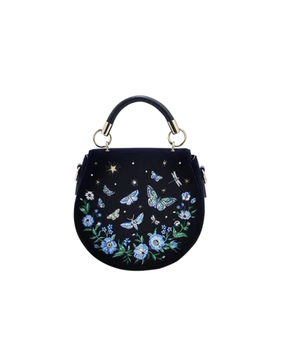 Fable England Charlotte Butterfly Embroidered Velvet Saddle Purse In Navy