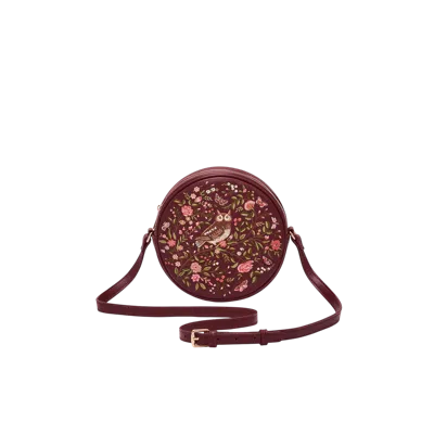 Fable England Chloe Owl Embroidered Circle Purse In Burgundy