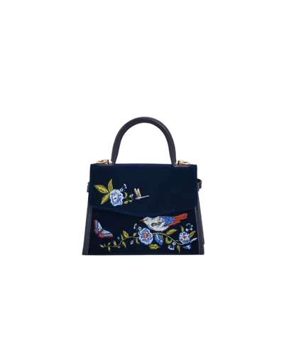 Fable England Eliza Nightingale Embroidered Velvet Top Handle Purse In Navy
