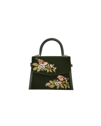 Fable England Eliza Wren Velvet Embroidered Top Handle Purse In Dark Green