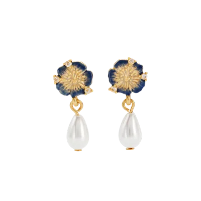 Fable England Larkspur & Pearl Drop Earrings In Gold
