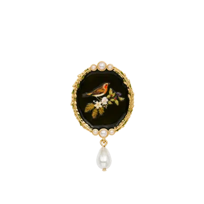 Fable England Robin Bramble & Pearl Brooch In Gold